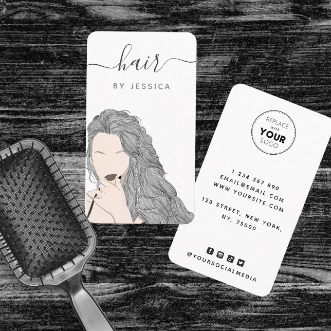 Pretty Wavy Gray Hairstyle Girl Illustration Logo Business Card (Creator Uploaded)