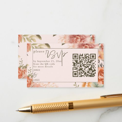 Pretty Wedding pink floral Border RSVP QR Code Enclosure Card