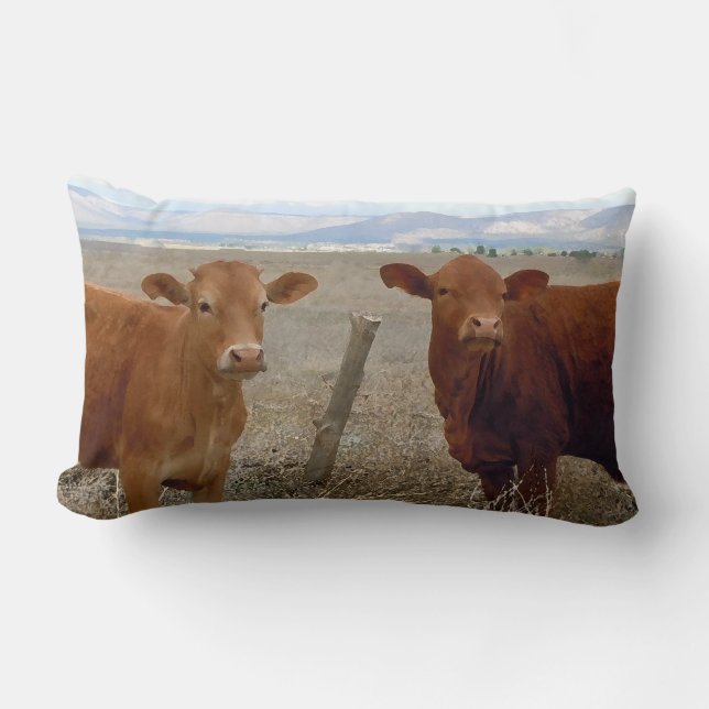 Pretty Western Red Cattle Cows Rural Scene Lumbar Pillow (Front)