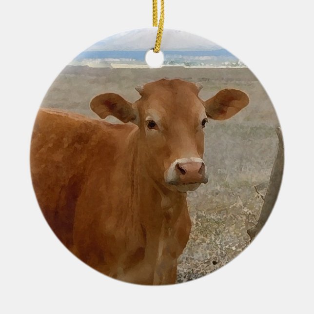 Pretty Western Red Cattle Cows Two-sided Ceramic Ornament (Front)