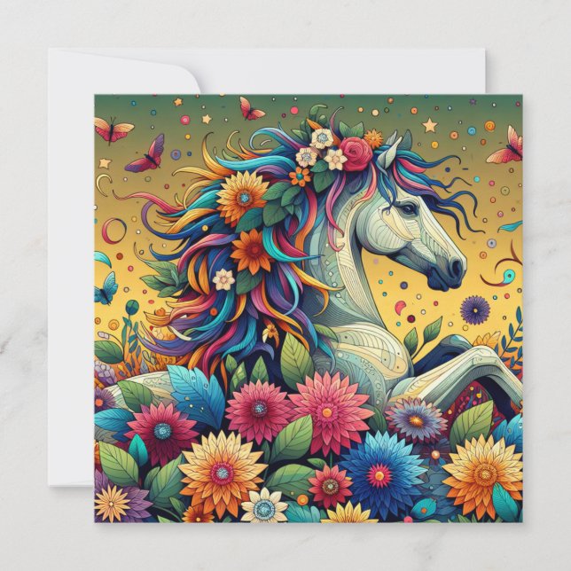 Pretty Whimsical Colorful Flowers and White Horse (Front)