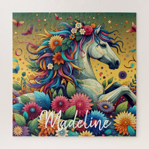 Pretty Whimsical Colorful Flowers and White Horse Jigsaw Puzzle