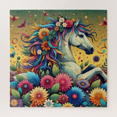 Pretty Whimsical Colorful Flowers and White Horse Jigsaw Puzzle