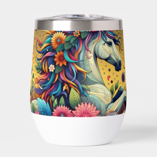 Pretty Whimsical Colorful Flowers and White Horse Thermal Wine Tumbler