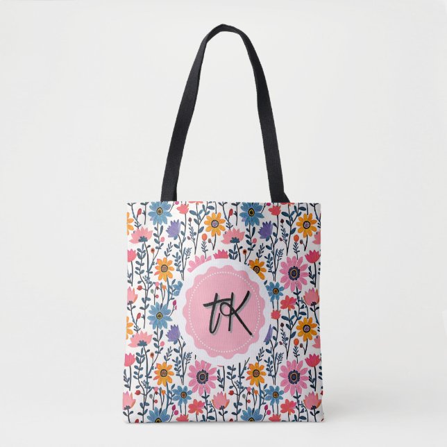 Pretty Whimsical Colorful Flowers Monogrammed Tote Bag (Front)