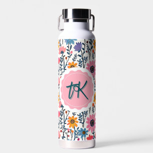 Pretty Whimsical Colorful Flowers Monogrammed Water Bottle