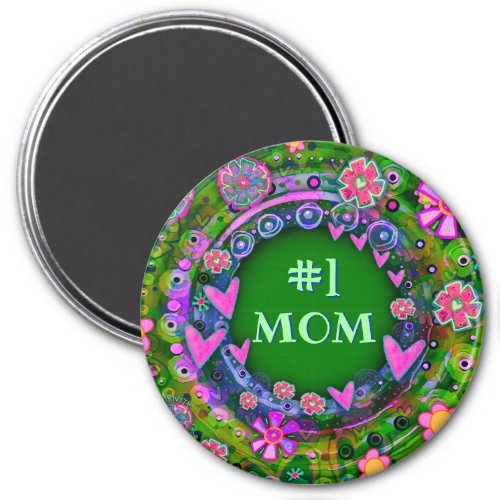 Pretty Whimsical Floral Fun 1 Mom Green Pink Magnet