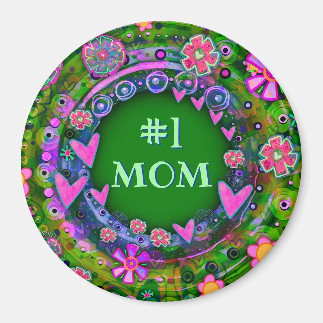 Pretty Whimsical Floral Fun #1 Mom Green Pink Magnet (Front)