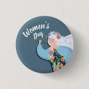 Pretty Whimsical Flower Lady Women's Day Button