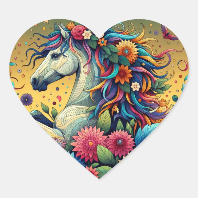 Pretty Whimsical Horse in Colorful Flowers Heart Sticker (Front)