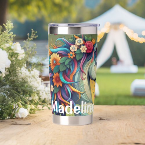 Pretty Whimsical Horse in Colorful Flowers Insulated Tumbler