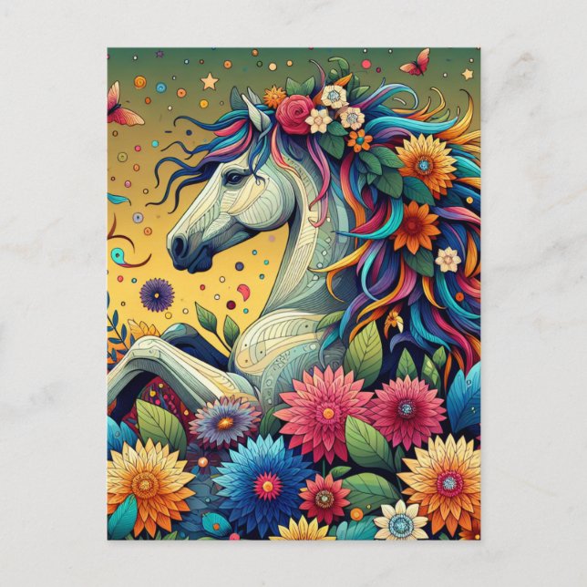 Pretty Whimsical Horse in Colorful Flowers Postcard (Front)