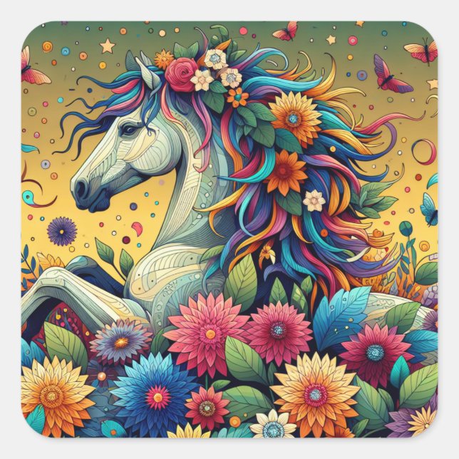 Pretty Whimsical Horse in Colorful Flowers Square Sticker (Front)