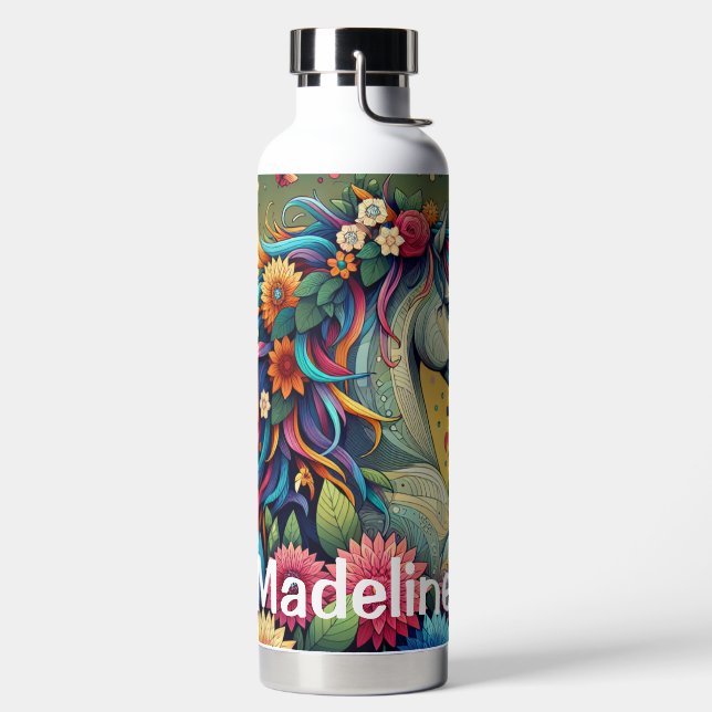 Pretty Whimsical Horse in Colorful Flowers Water Bottle (Left)