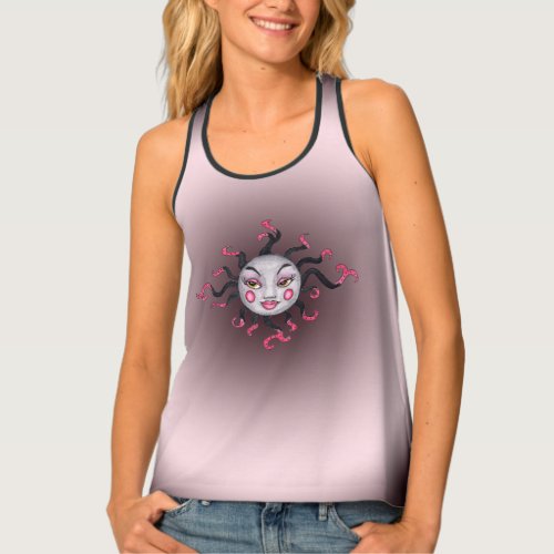Pretty Whimsical Sun With Face Scrolled Rays Pink  Tank Top