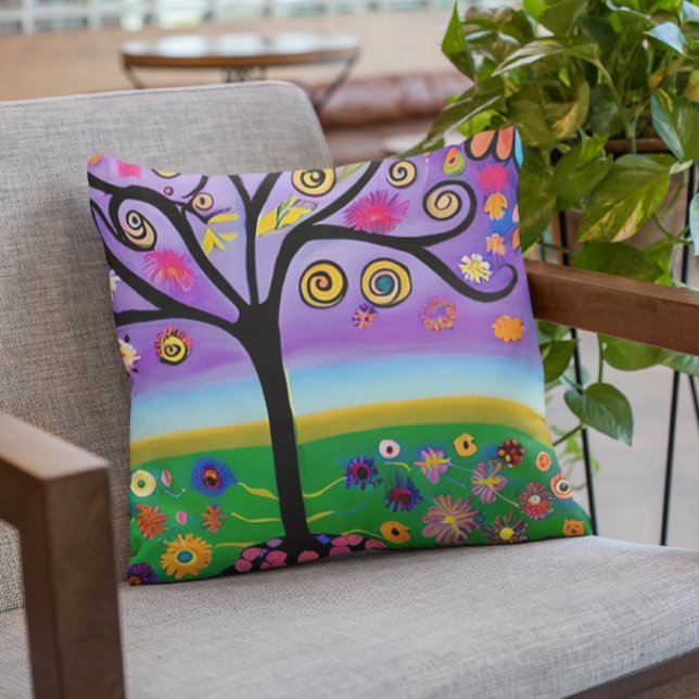 Pretty Whimsical Tree Folk Art Ai  Generated Art Throw Pillow (Creator Uploaded)