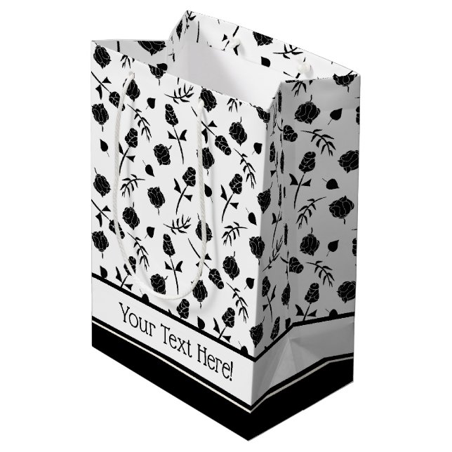 Pretty White and Black Roses Rosebud Floral Print Medium Gift Bag (Back Angled)