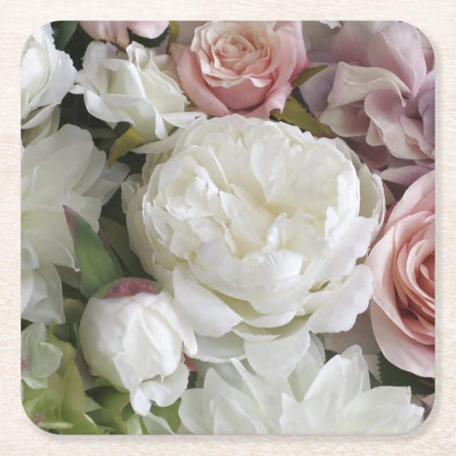 Pretty white and peach peony floral paper coasters (Front)