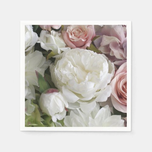 Pretty white and peach peony floral paper napkins