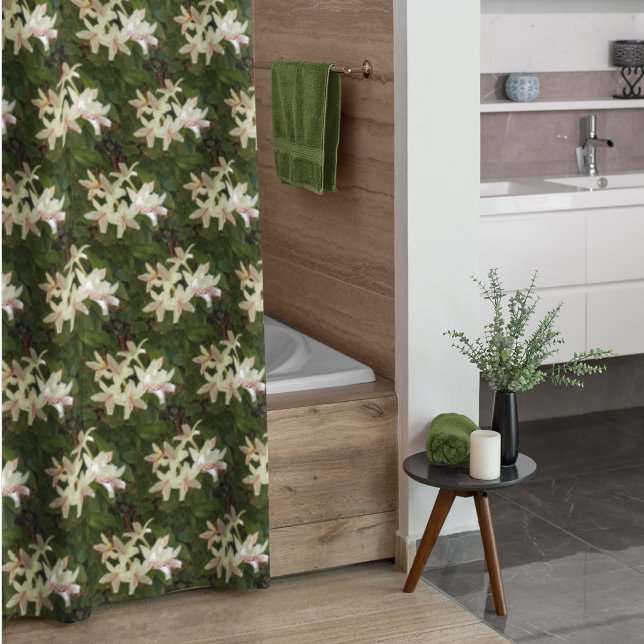 Pretty White Azaleas Floral Pattern Shower Curtain (In Situ Bathroom)