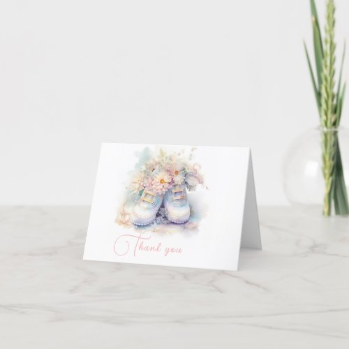 Pretty White Baby Booties with Flowers Thank You Card
