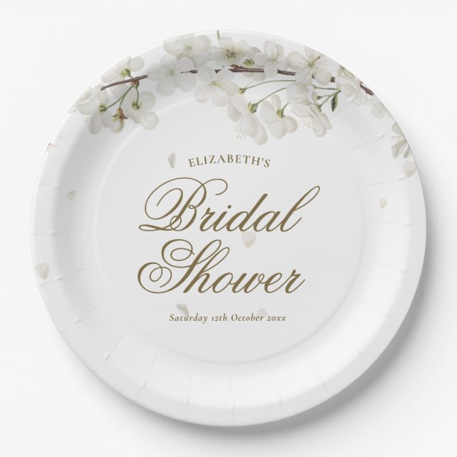 Pretty White Blossom Bridal Shower Paper Plates (Front)