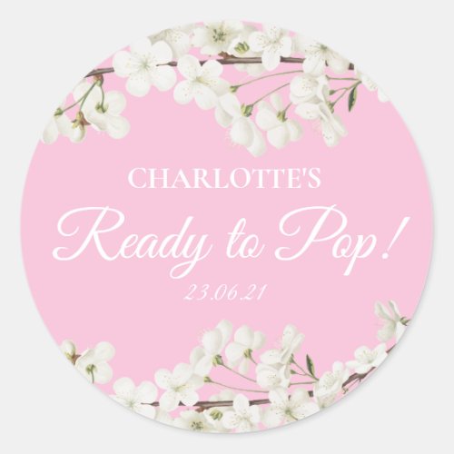 Pretty White Blossom Pink Ready to Pop Baby Shower Classic Round Sticker