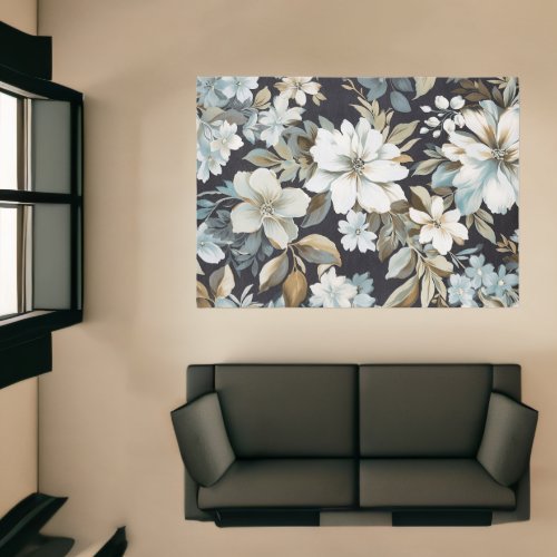 Pretty White Blue and Brown Flowers Floral Rug