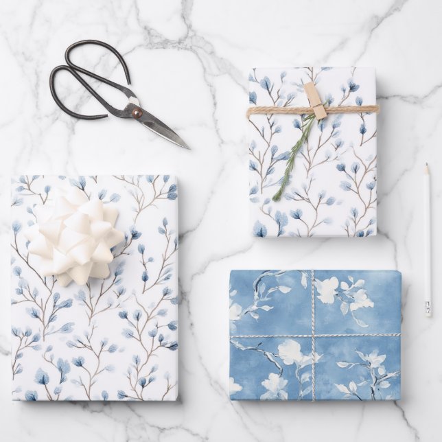 Pretty White Blue Floral Bridal Shower Wrapping Paper Sheets (Front)