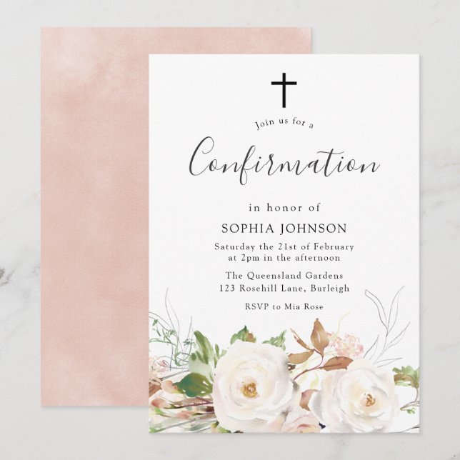 Pretty White Blush Watercolor Floral Confirmation  Invitation (Front/Back)