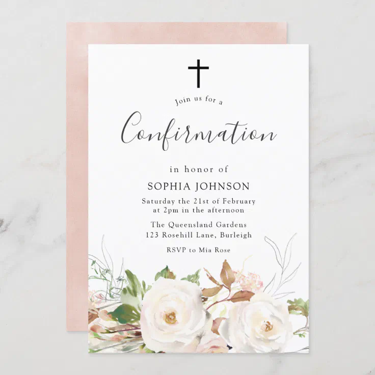 Pretty White Blush Watercolor Floral Confirmation Invitation 