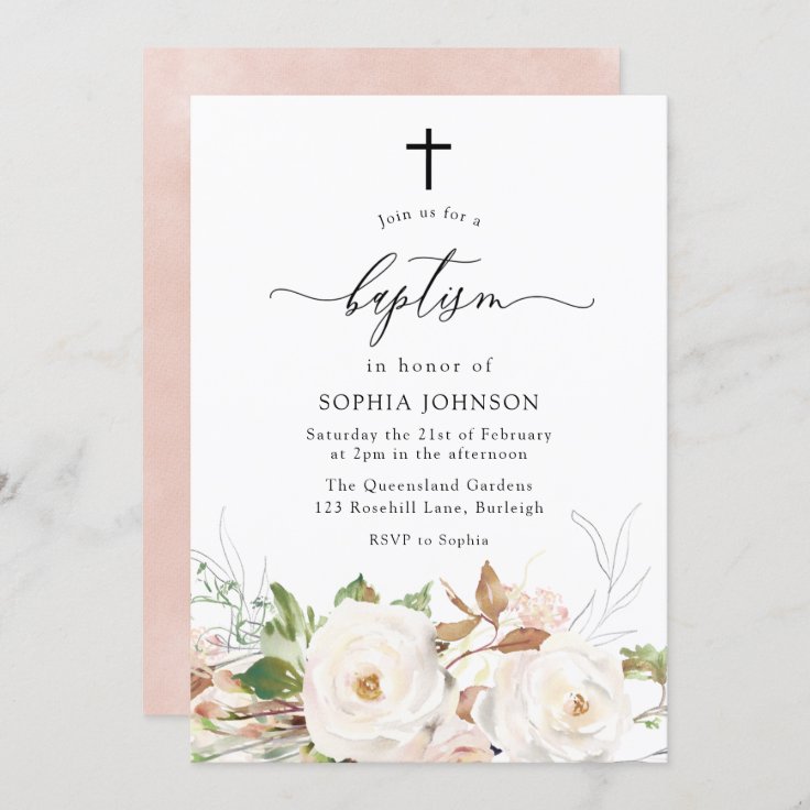 Pretty White Blush Watercolor Floral Girls Baptism Invitation | Zazzle