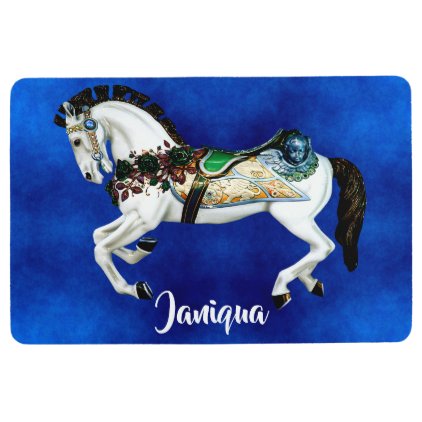 Pretty White Carousel Horse on Deep Blue Floor Mat