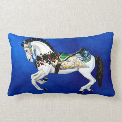 Pretty White Carousel Horse on Deep Blue Lumbar Pillow