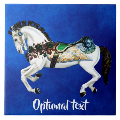 Pretty White Carousel Horse on Deep Blue Tile