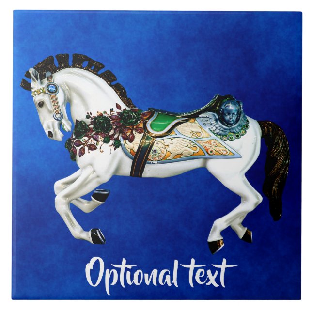 Pretty White Carousel Horse on Deep Blue Tile (Front)