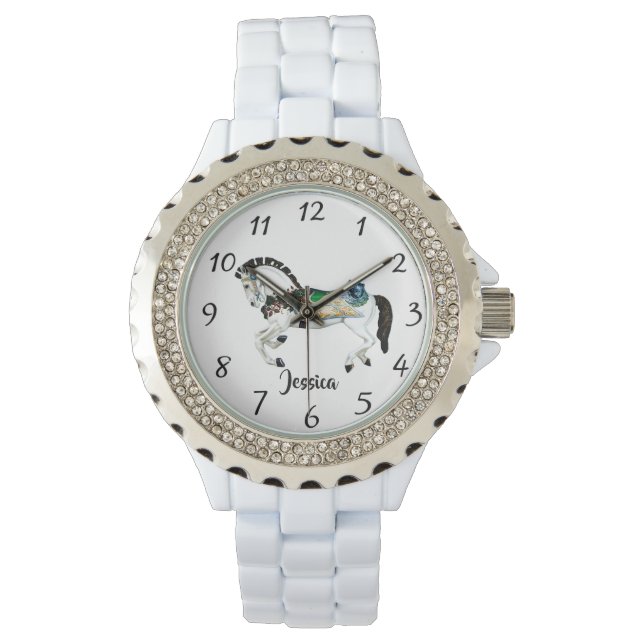 Pretty White Carousel Horse Watch (Front)