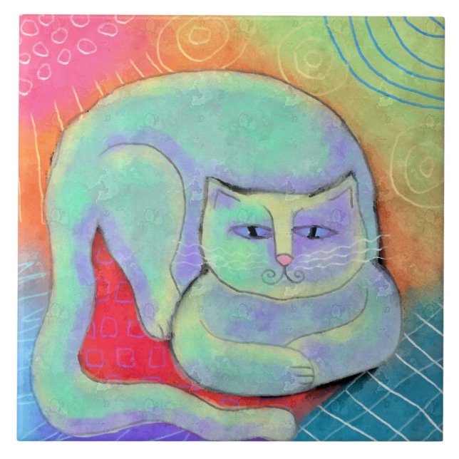 Pretty White Cat Abstract Painting Ceramic Tile (Front)