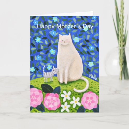 Pretty white Cat Floral Mothers day Greeting Card