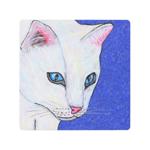 Pretty White cat Vibrant Blue Eyes on Deep Blue Metal Print