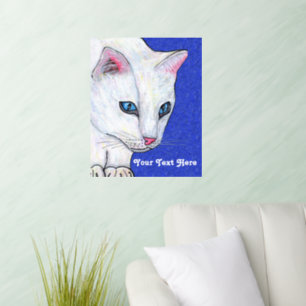 Pretty White Cat Vibrant Blue Eyes on Deep Blue Wall Decal
