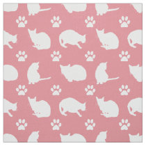 Pretty White Cats and Paws Print Fabric