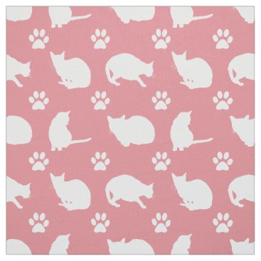 Pretty White Cats and Paws Print Fabric