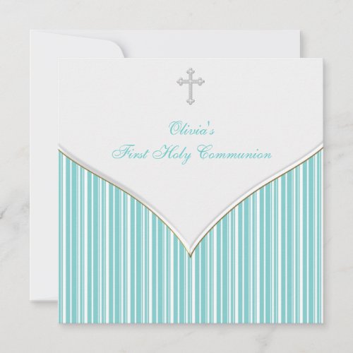 Teal Blue White Cross First Communion Custom Invites