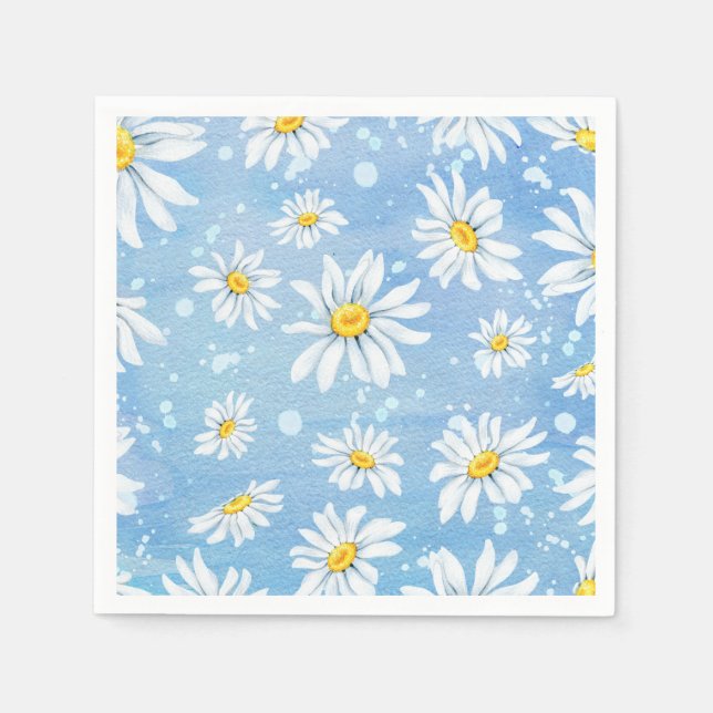 Pretty White Daisies on Blue Napkins (Front)