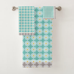 Pretty white daisies on bluegreen and grey border bath towel set