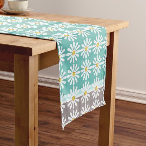 Pretty white daisies on bluegreen and grey border short table runner