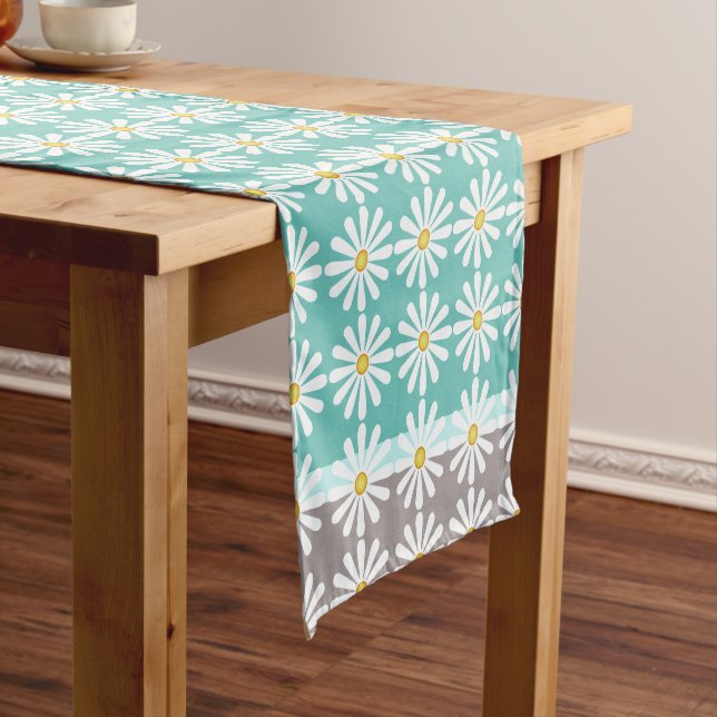 Pretty white daisies on bluegreen and grey border short table runner (In Situ)