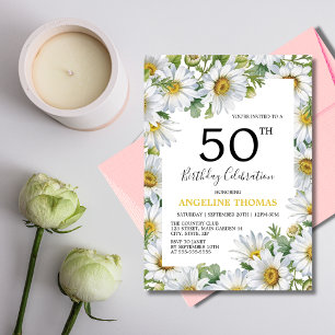 Pretty White Daisy Floral Greenery Birthday Invitation