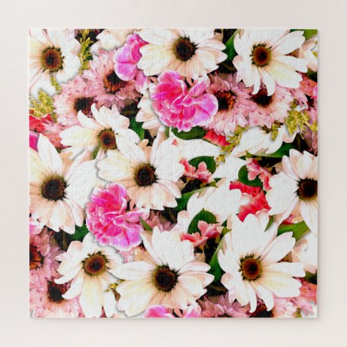 Pretty White Daisy Flowers Pink Carnations Wedding Jigsaw Puzzle
